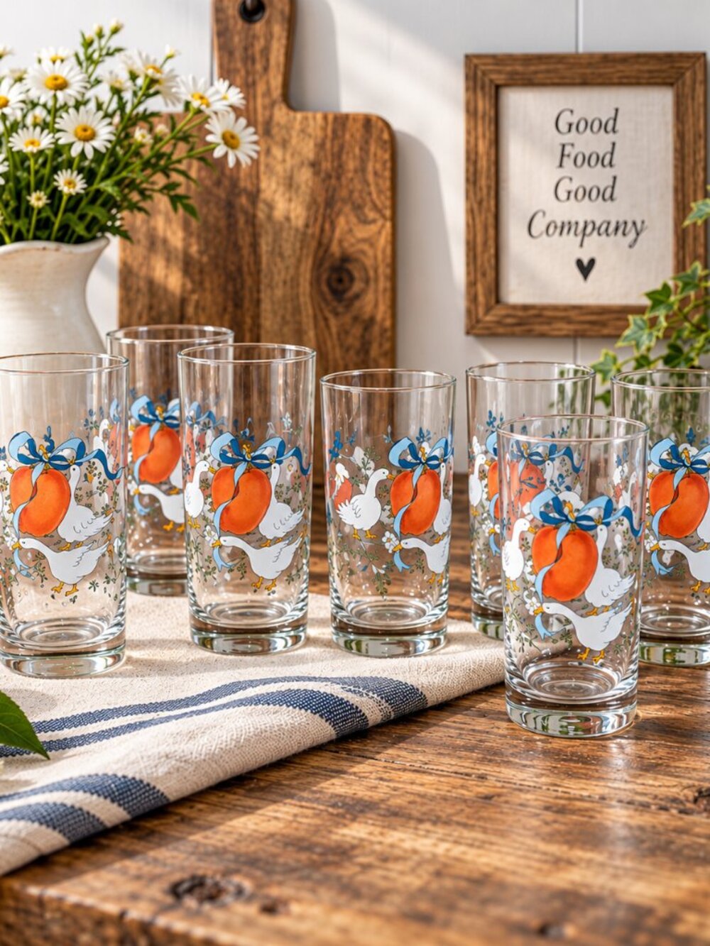 Vintage Marmalade Goose Glasses – Set of 7 – Mixed Sizes – Fruit & Blue Ribbon